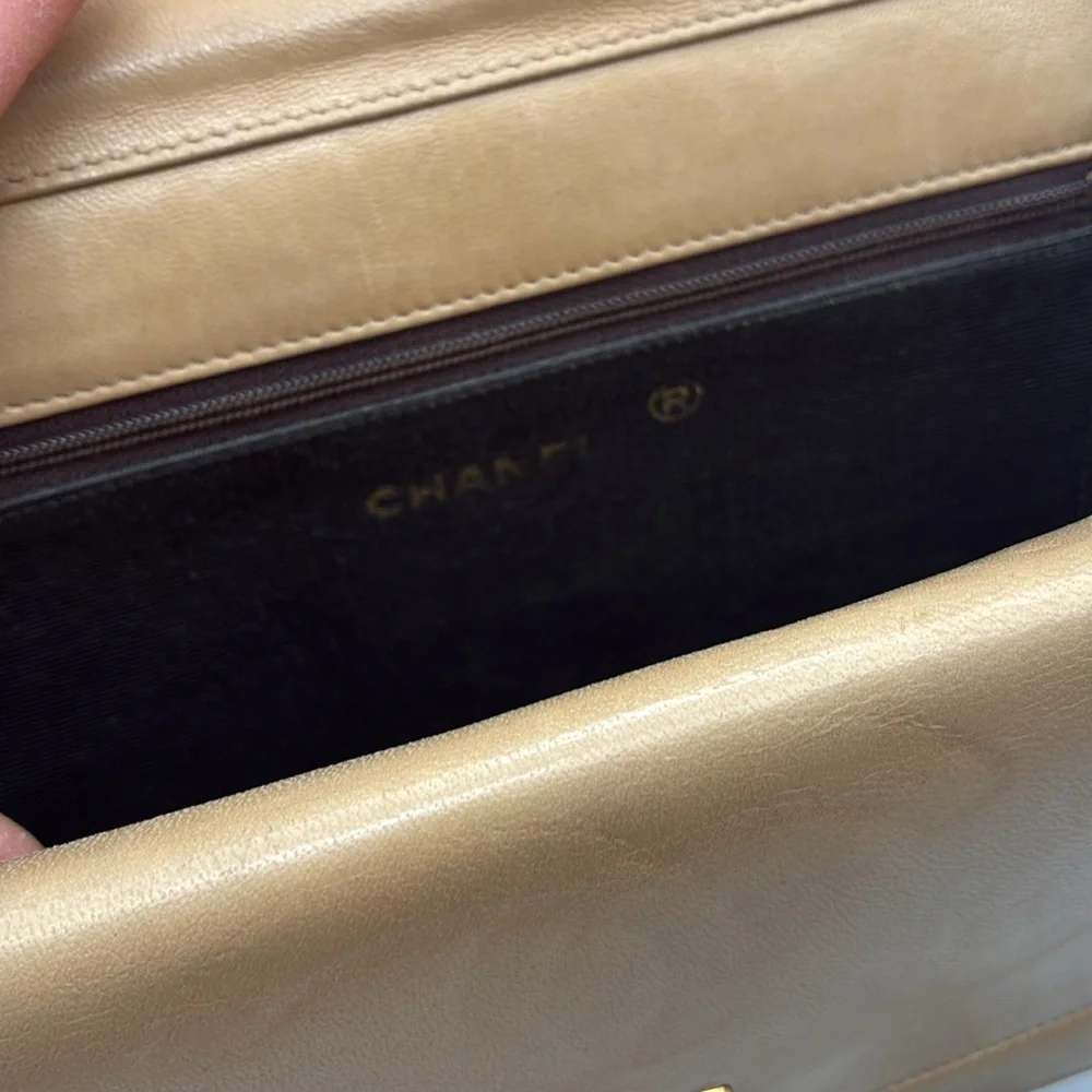 CHANEL HALF MOON BIEGE DOUBLE FLAP QUILTED CC GOLD HW LAMBSKIN SHOULDER BAG